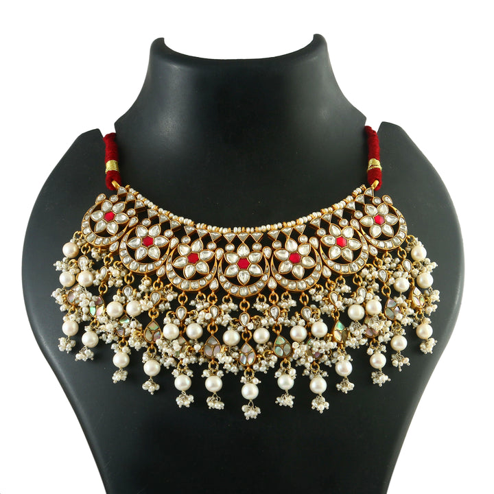 Gold-Plated Silver Floral Pink & White Kundan-Jadau Necklace