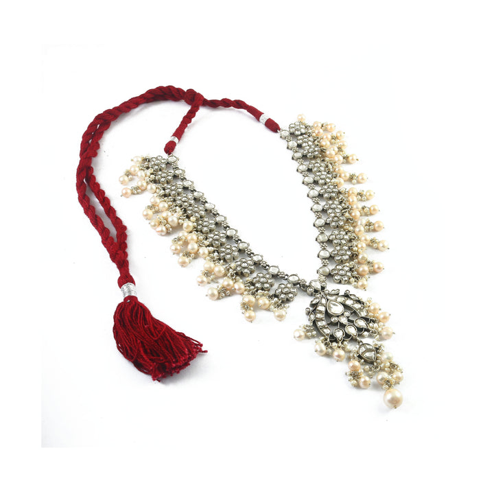 Silver Floral Kundan-Jadau Long Necklace with Pearls