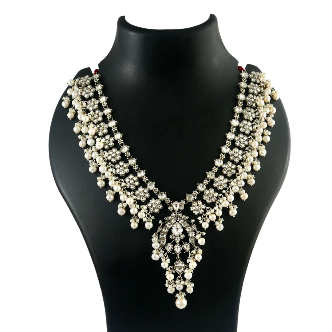 Silver Floral Kundan-Jadau Long Necklace with Pearls