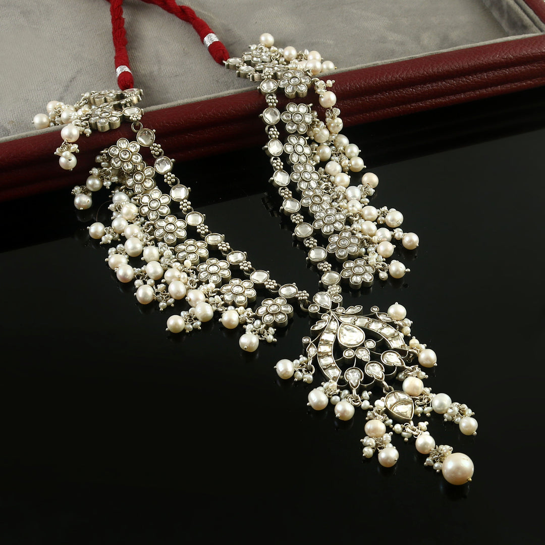 Silver Floral Kundan-Jadau Long Necklace with Pearls