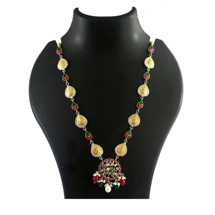 Dual Tone Silver Peacock Kundan-Jadau Long Necklace