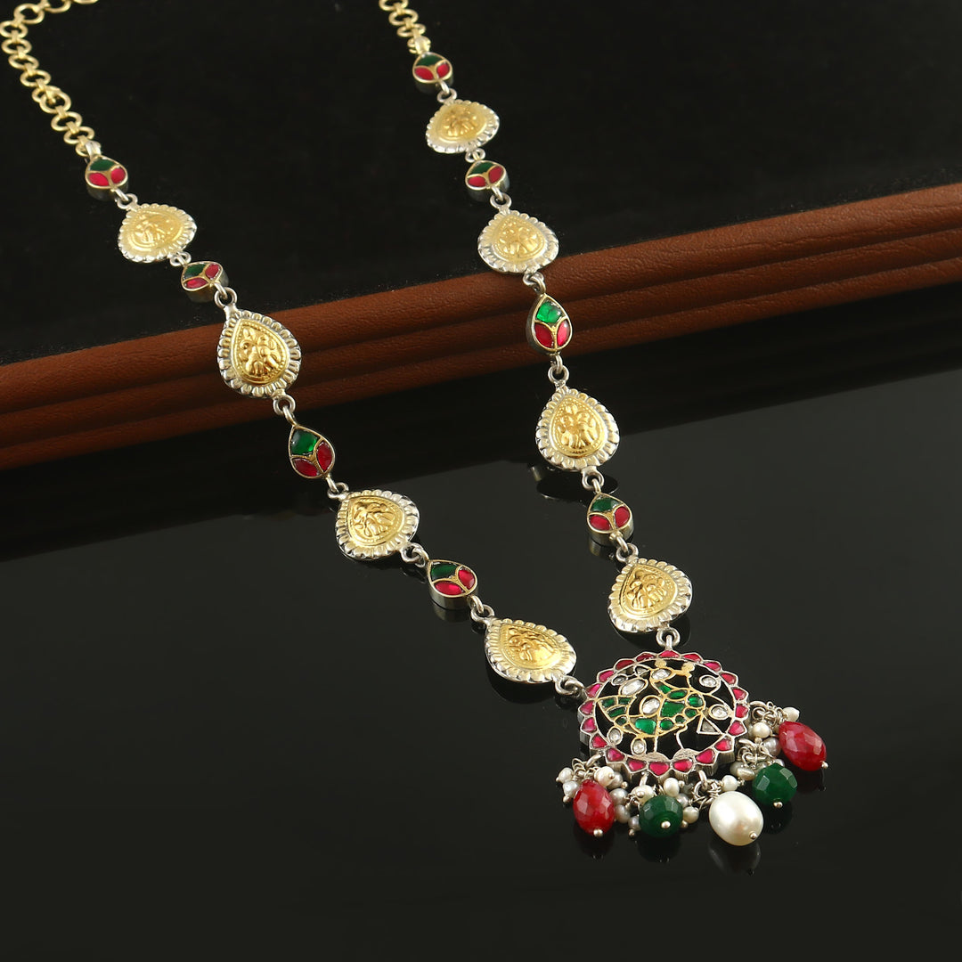 Dual Tone Silver Peacock Kundan-Jadau Long Necklace