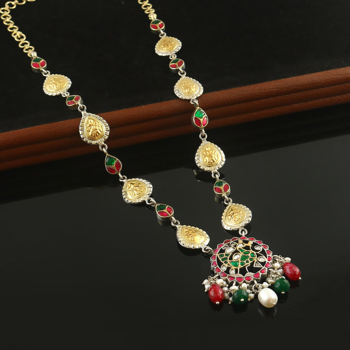 Dual Tone Silver Peacock Kundan-Jadau Long Necklace