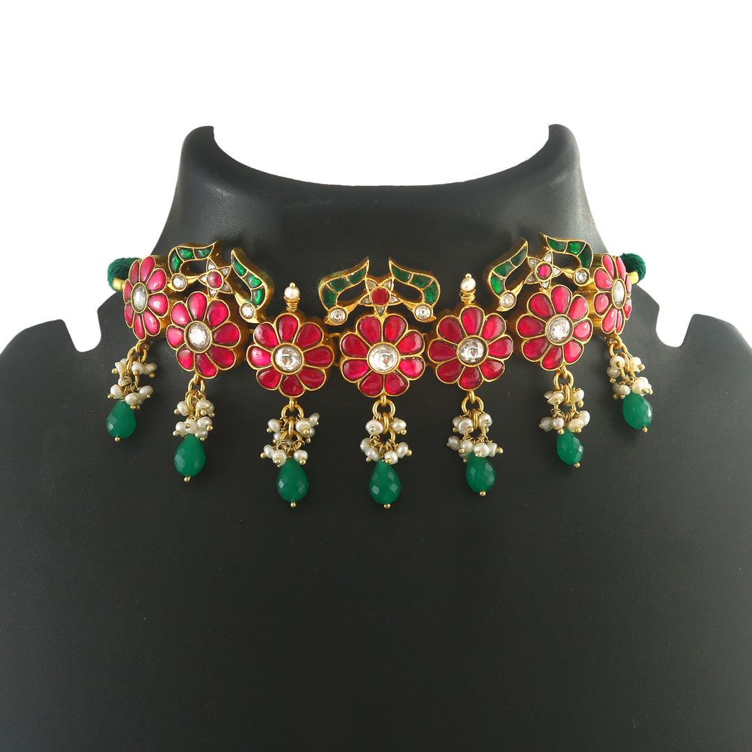 Gold Plated Silver Pink & White Kundan Choker Necklace