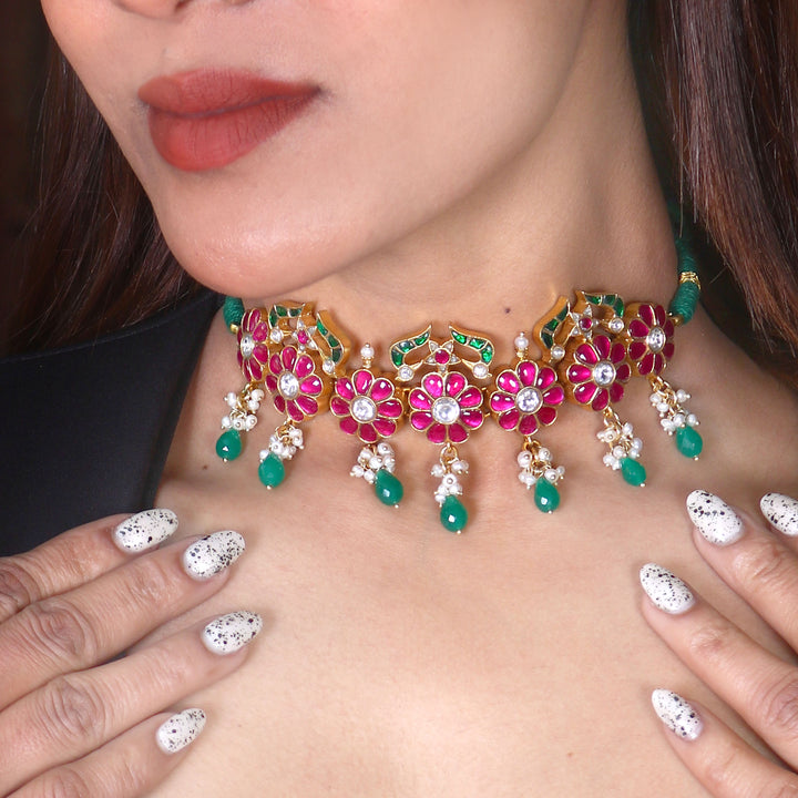 Gold Plated Silver Pink & White Kundan Choker Necklace