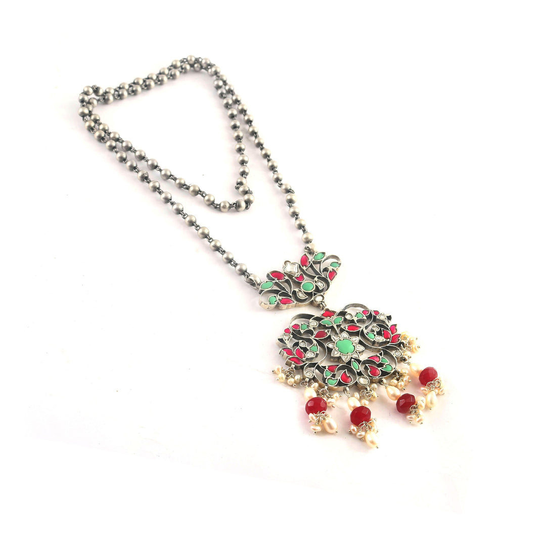 Silver Floral Kundan Long Pendant