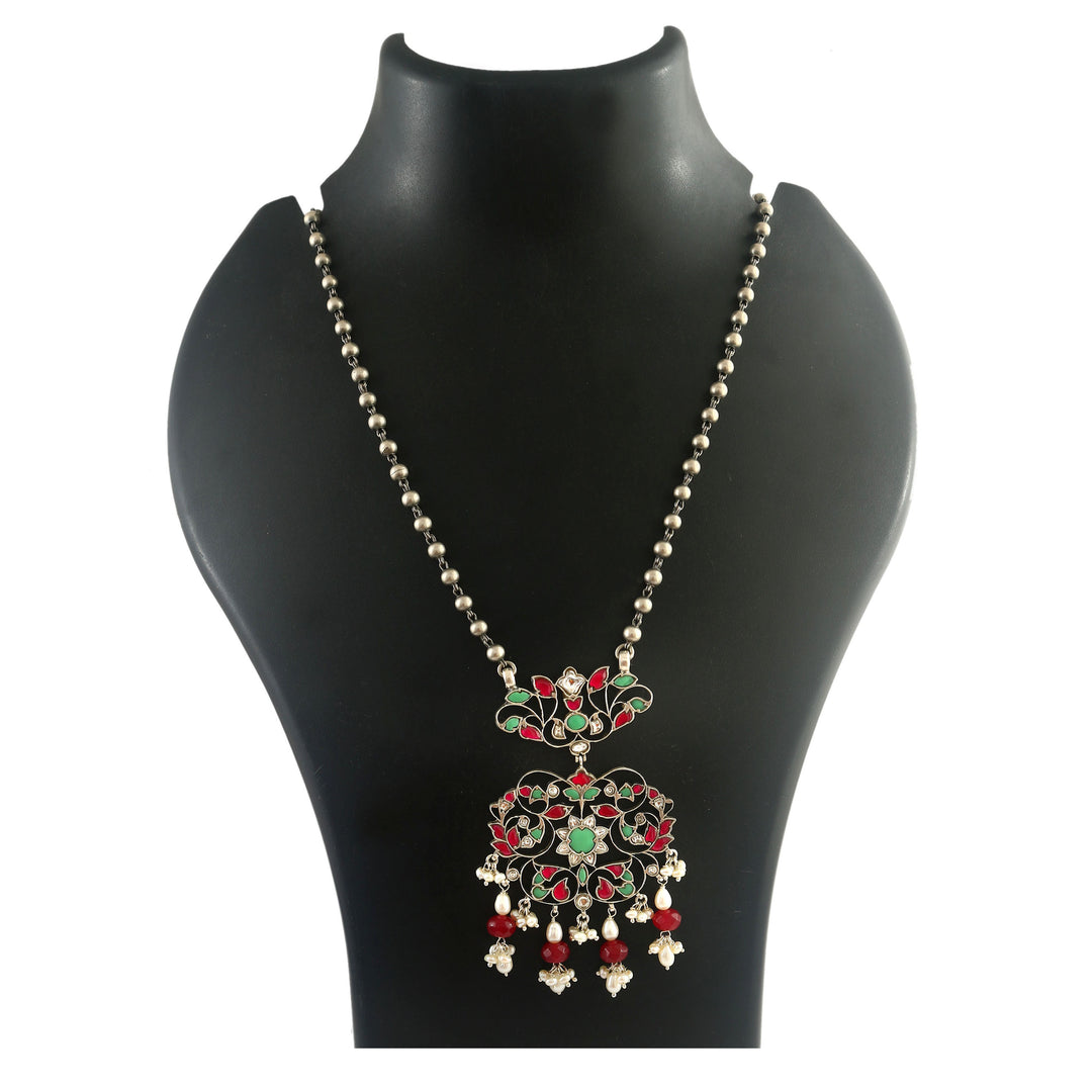 Silver Floral Kundan Long Pendant