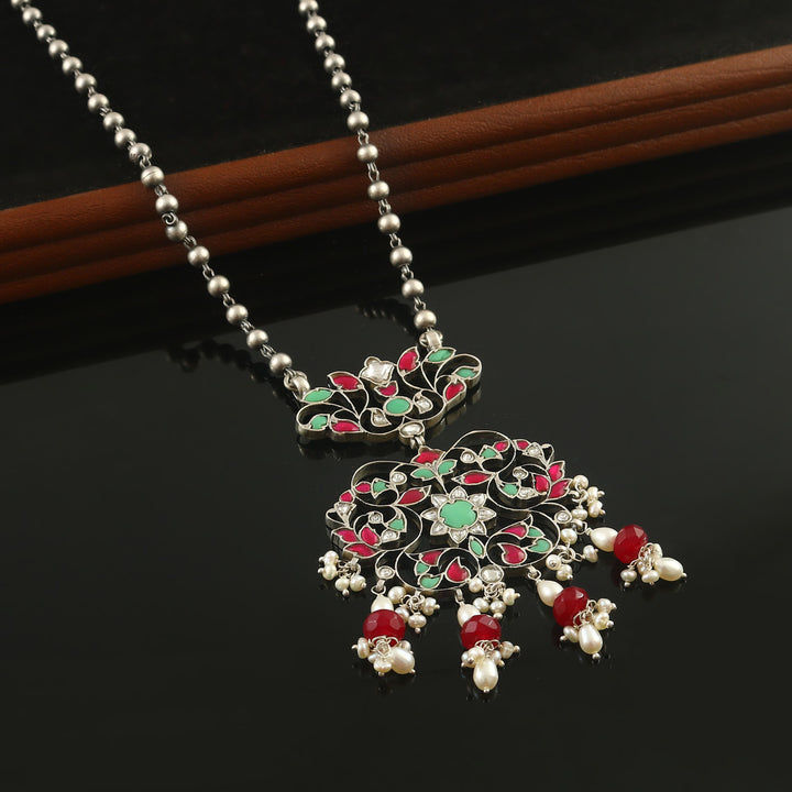 Silver Floral Kundan Long Pendant