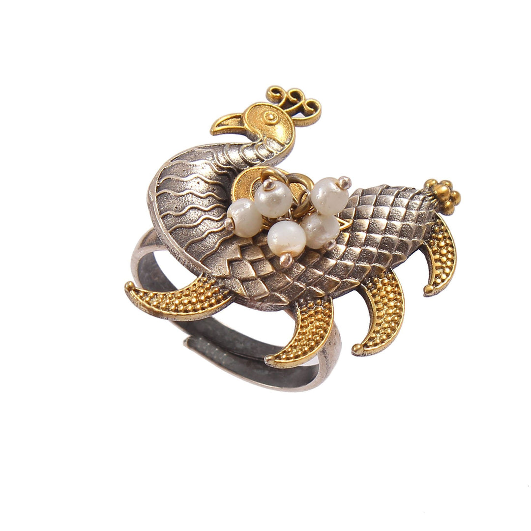 Silver Gold Plated, Adorable Peacock Ring with Pearl