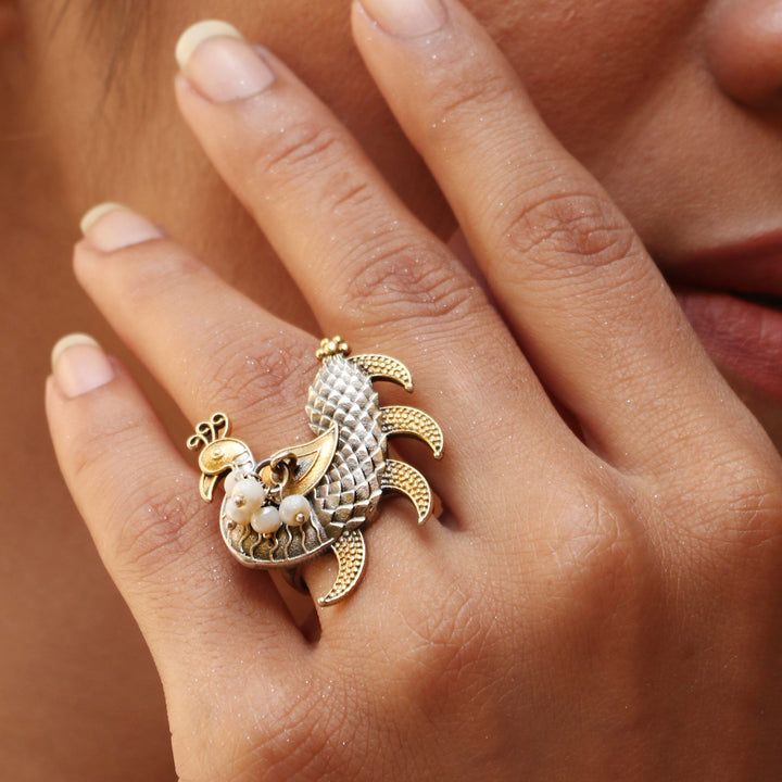 Silver Gold Plated, Adorable Peacock Ring with Pearl