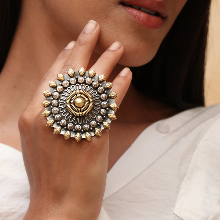 Gold Plated Silver, Adorable Floral Statement Adjustable Ring