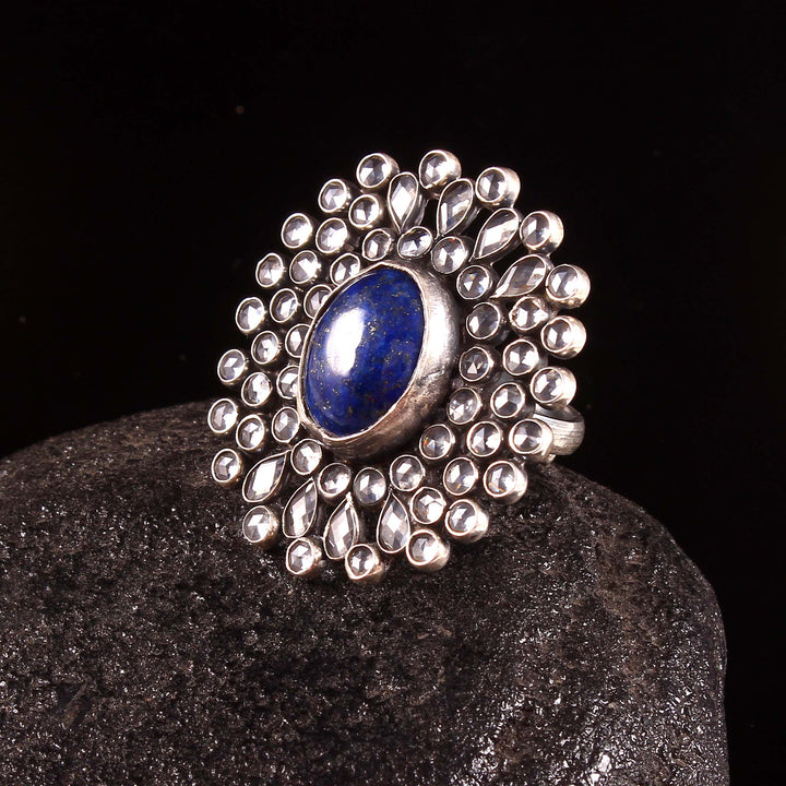 Silver Adorable Floral, Blue Lapis Stone Ring