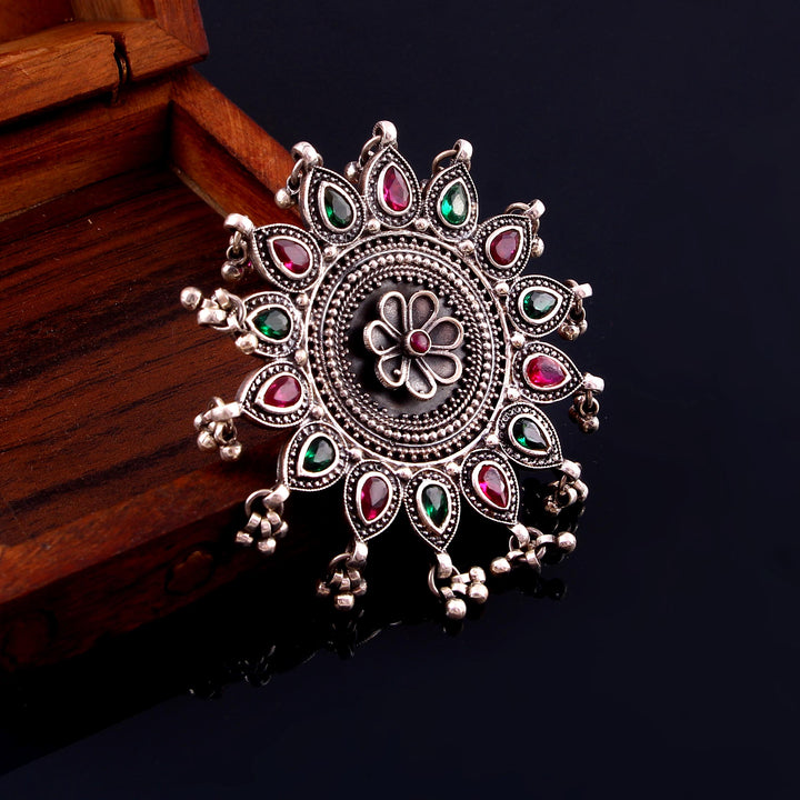 Silver Floral Statement Adjustable Ring With Ghungroo
