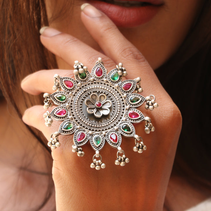 Silver Floral Statement Adjustable Ring With Ghungroo