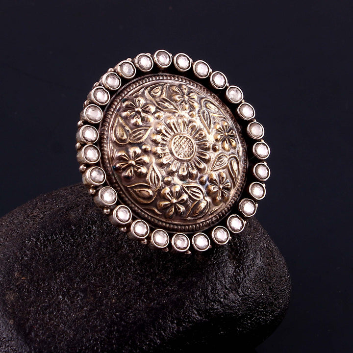 Silver Oxidized Floral Statement Adjustable Ring