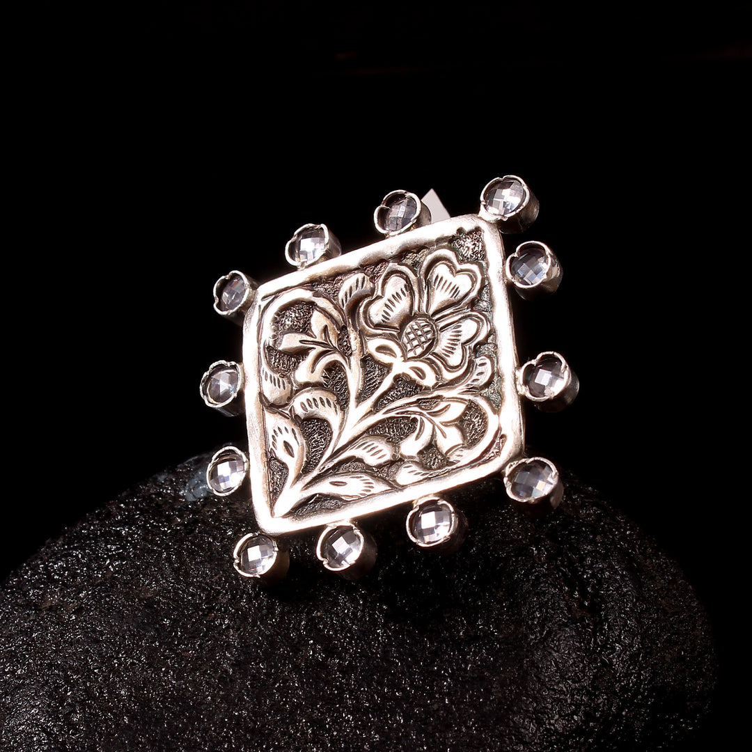 Silver Chitai Work Floral Statement Ring