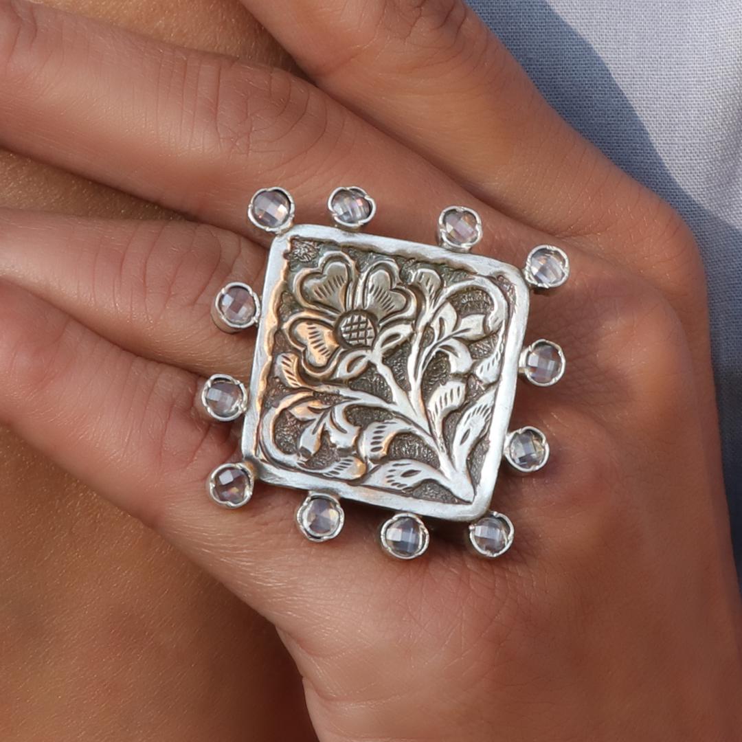 Silver Chitai Work Floral Statement Ring