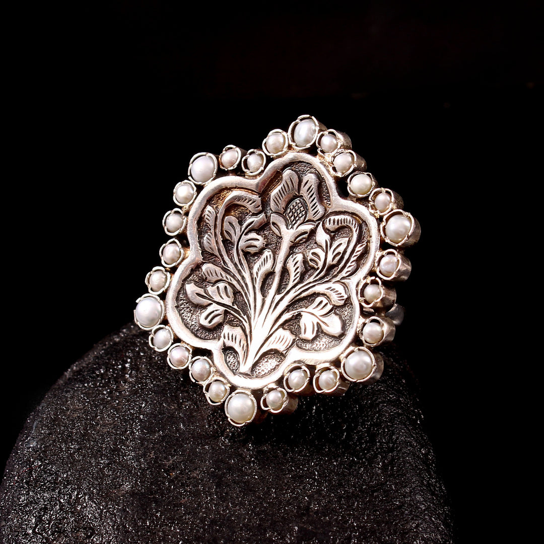 Silver Hand Engraved Floral Oxidized Ring