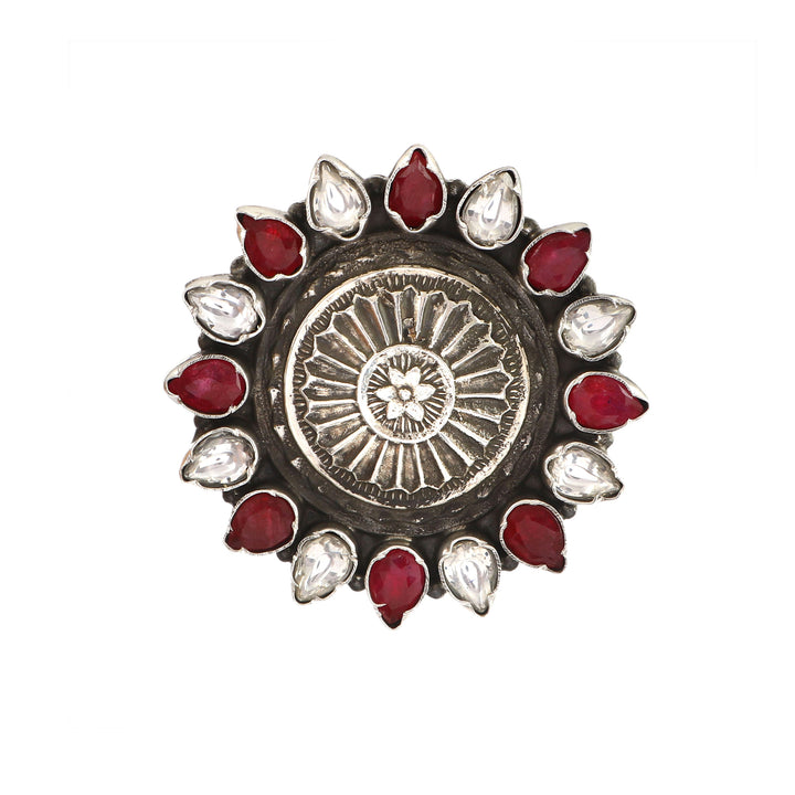 Silver Floral Red & White Adjustable Ring