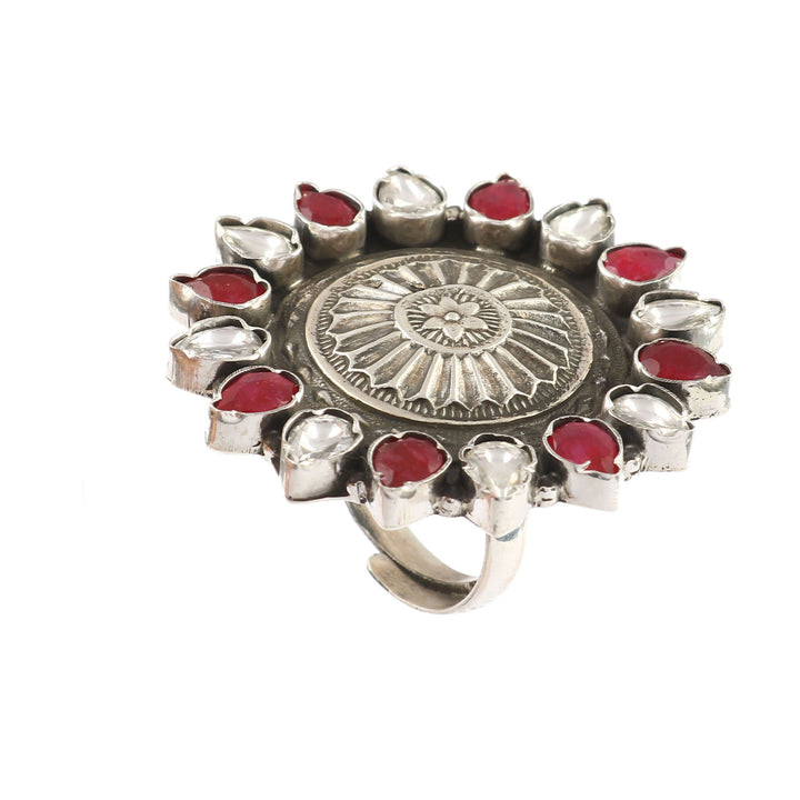 Silver Floral Red & White Adjustable Ring