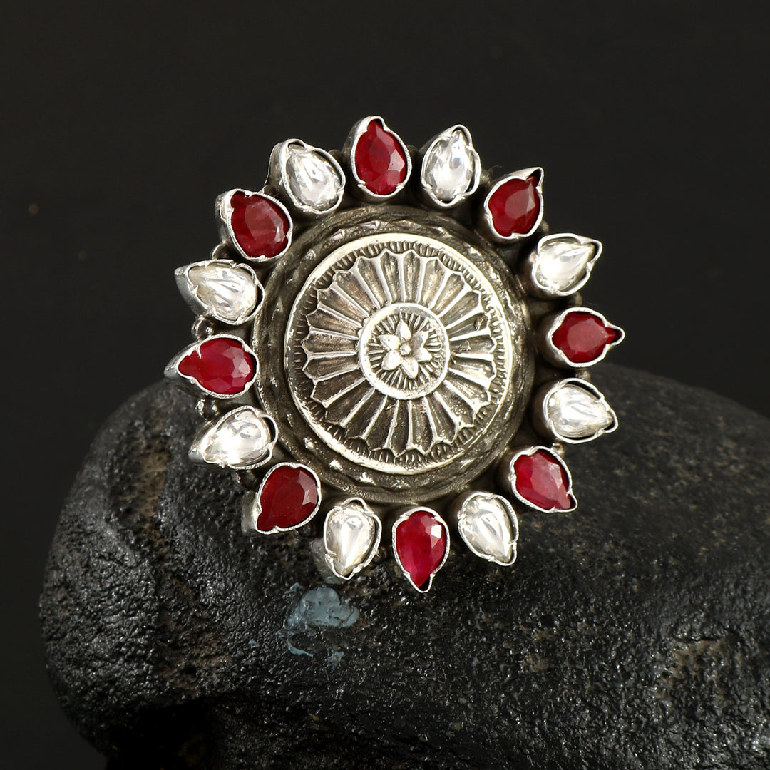 Silver Floral Red & White Adjustable Ring