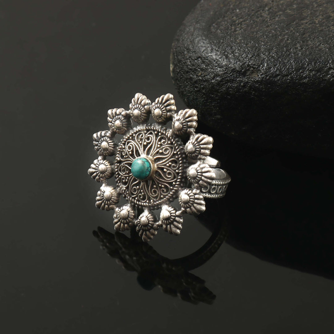 Silver Oxidized Floral Adjustable Ring