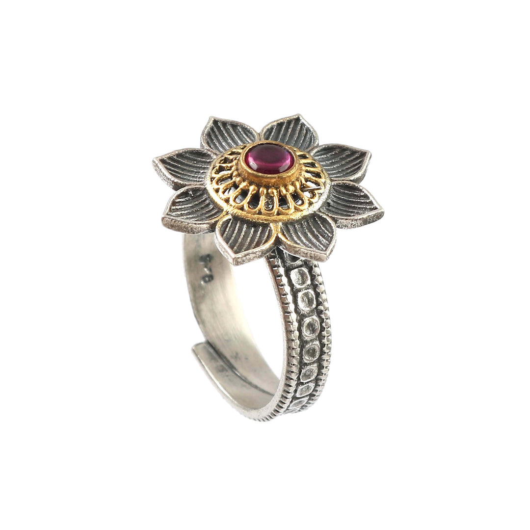 Silver Oxidized Floral Adjustable Ring