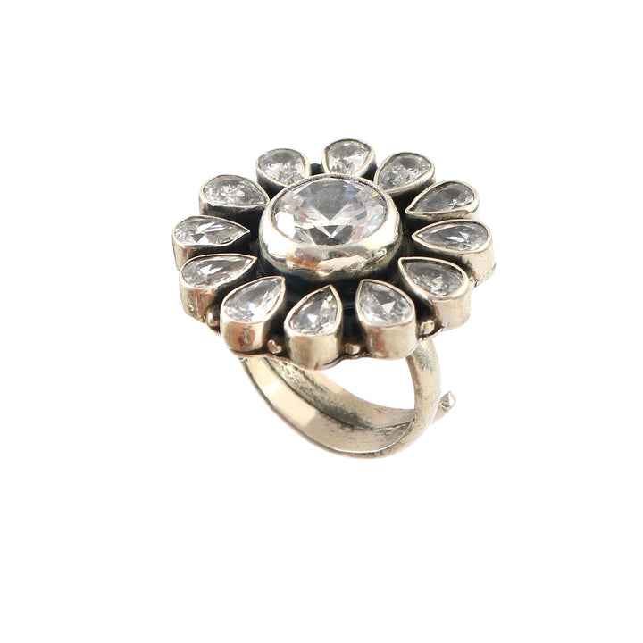 Silver Floral Zircon Stone Adjustable Ring