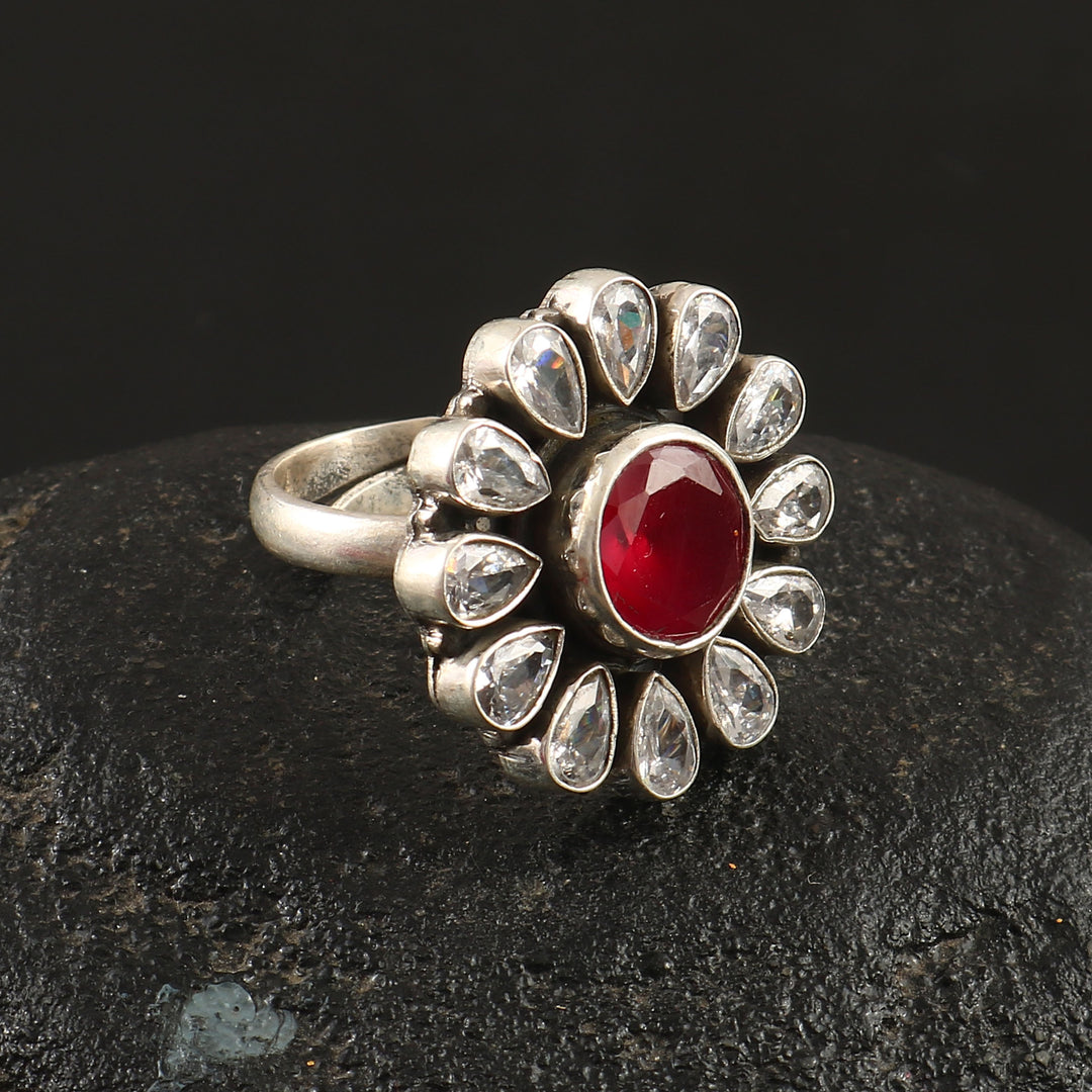 Silver Red & White Floral Adjustable Ring