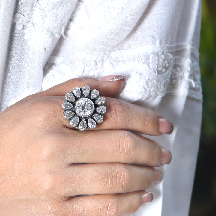 Silver Floral Zircon Stone Adjustable Ring