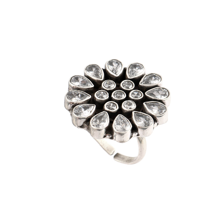 Silver Zircon Floral Adjustable Ring