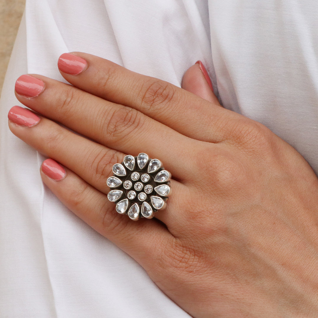 Silver Zircon Floral Adjustable Ring