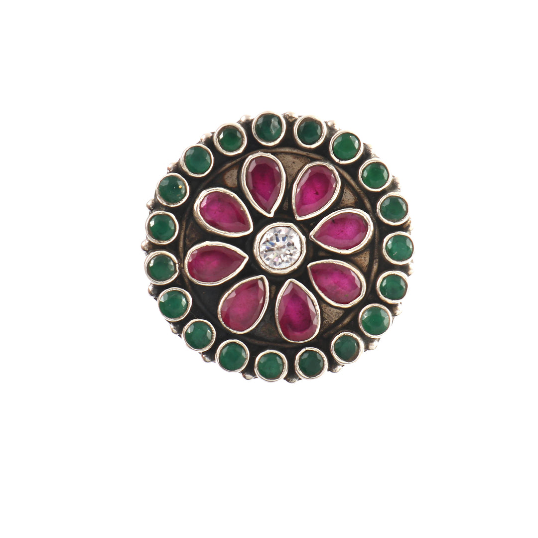 Silver Ruby & Green Floral Adjustable Ring