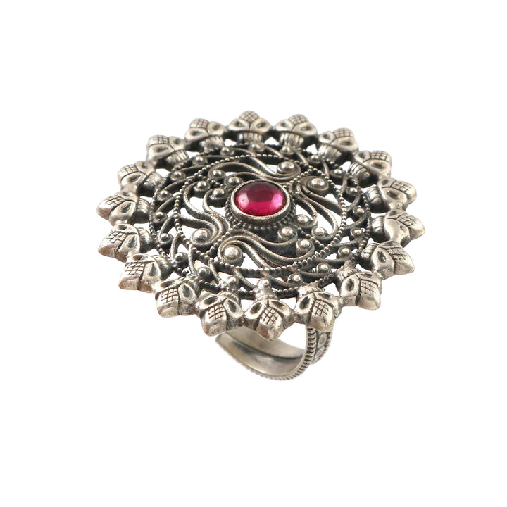 Silver Floral Oxidized Adjustable Ring